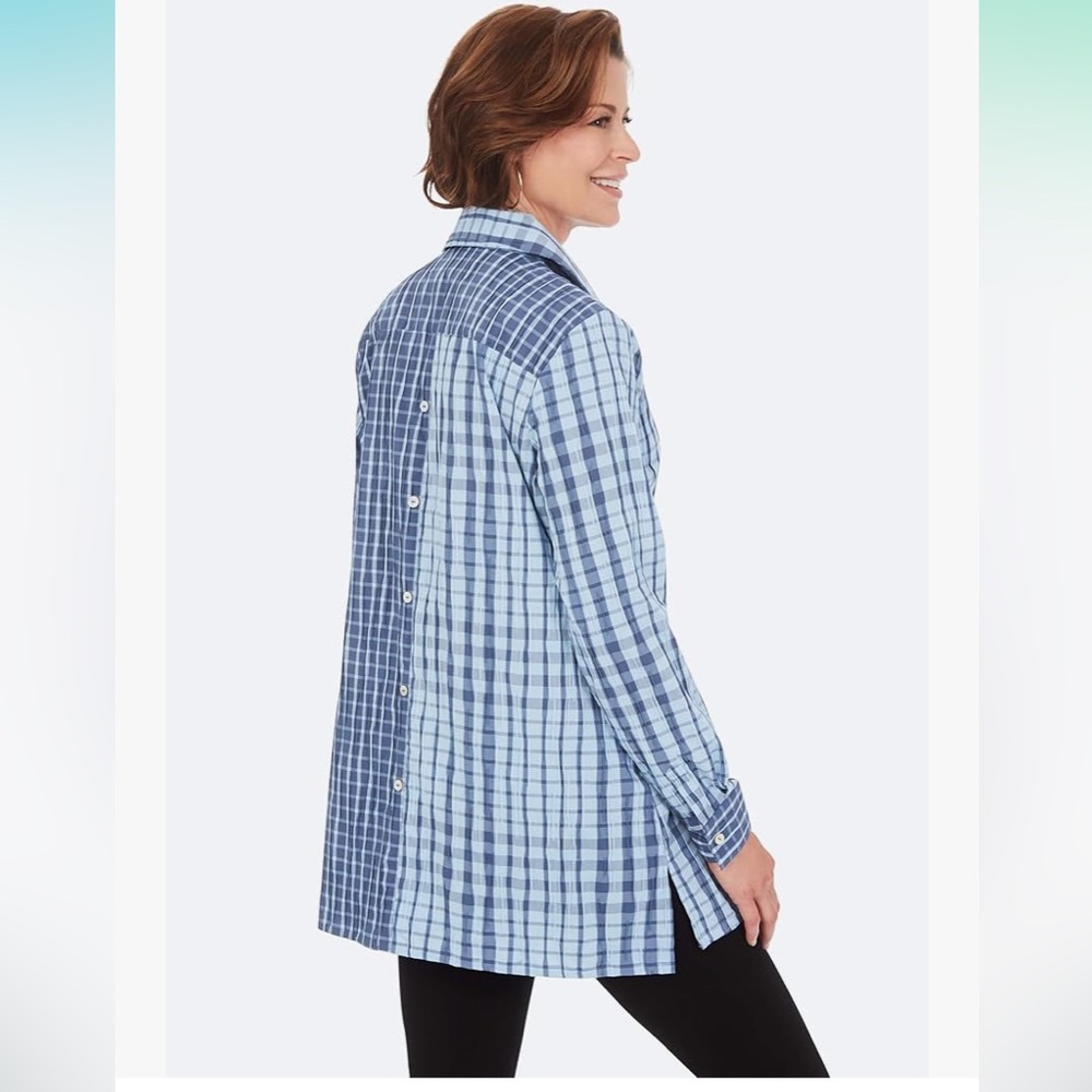 Foxcroft Blue Plaid Tunic Button-Back Shirt